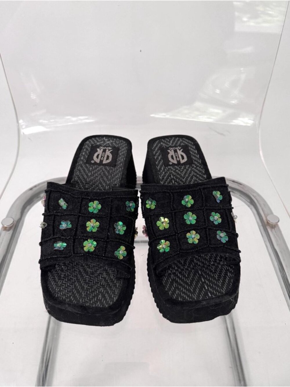 Y2K vintage floral sequin beaded chunky platform wedge slide sandals US 8 8.5 - Picture 2 of 7